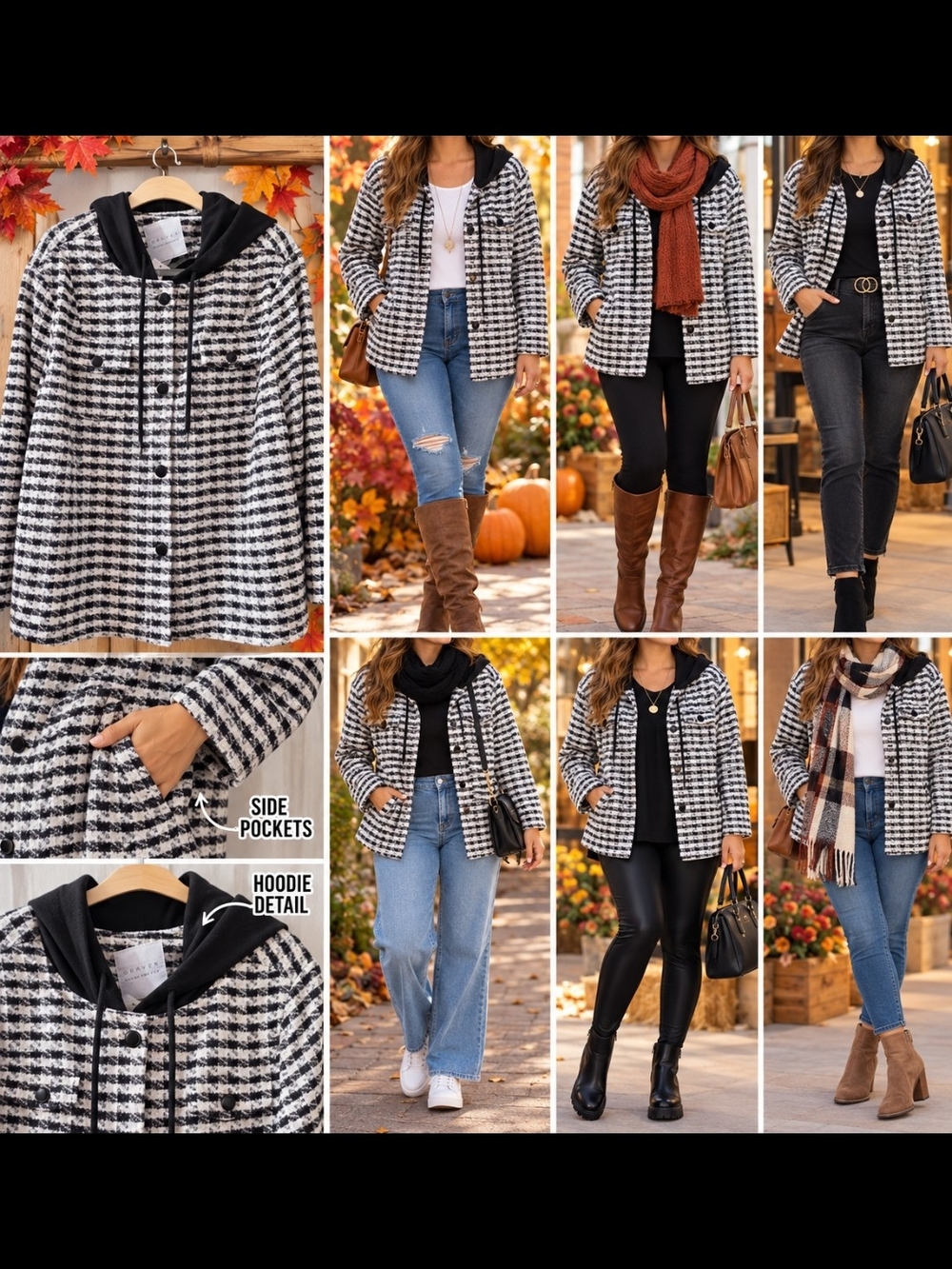 Susan Graver Black & White Houndstooth Hooded Blazer